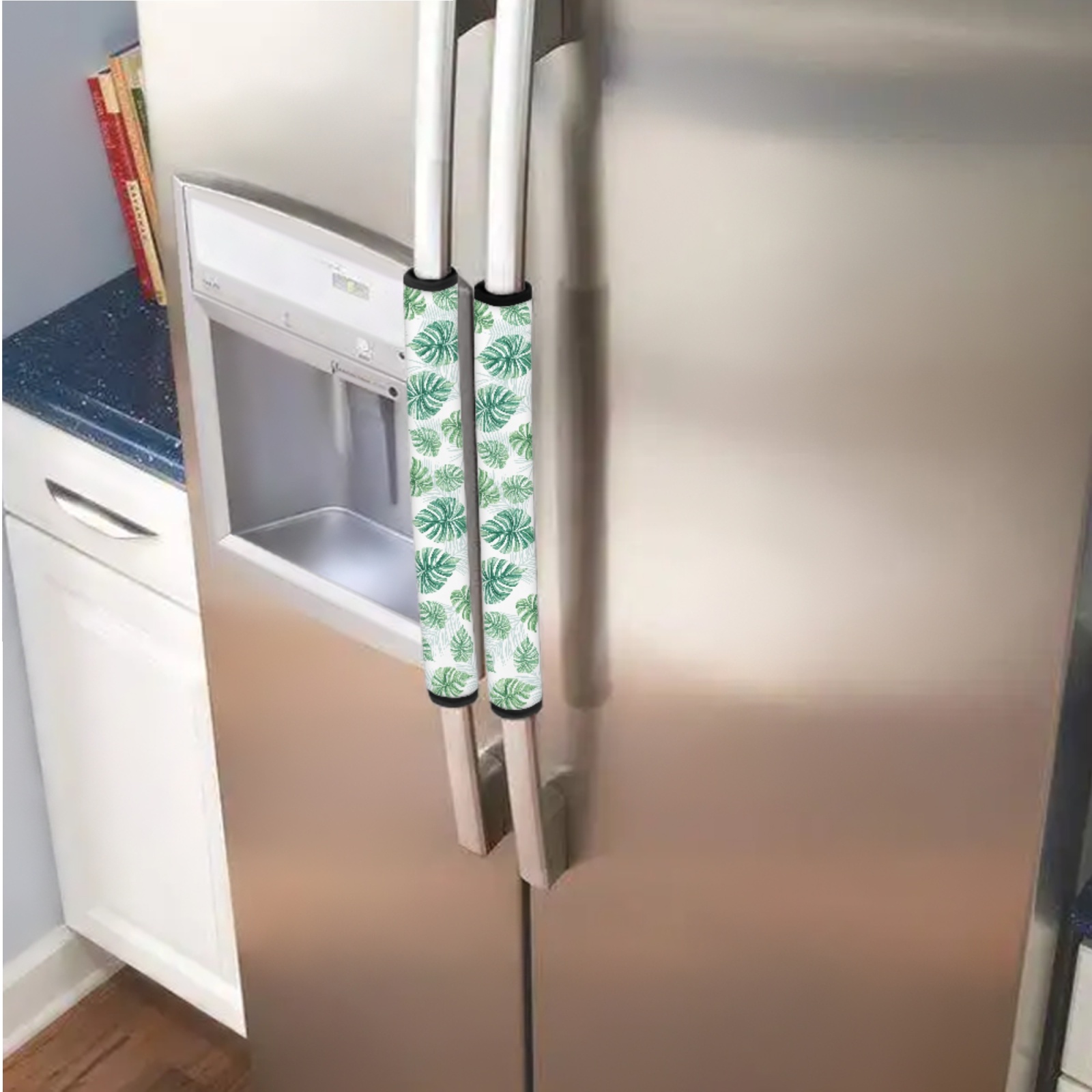 SEANATIVE 6 PCS Fridge Oven Door Handle Covers Washable Microwave Dishwasher Door Cloth Protector Anti Slip Water-Resistant Keep Off Smudges, Fingerprint, Stain, Green Tropical Monstera Leaf