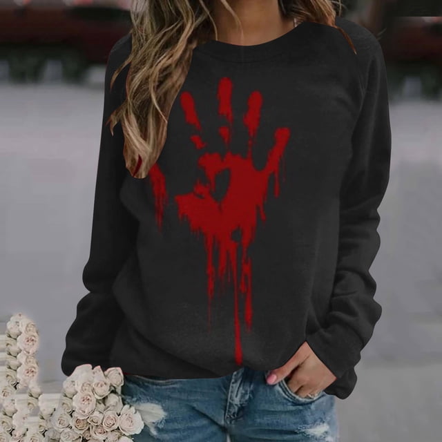 Hauts pour Femmes Décontractés Habillés 2023 Manches Raglan Halloween Col Rond Ensanglanté Ample Manches Longues Imprimé Chandail Chandail en Molleton Haut/chemise Costumes d'Halloween pour Femmes en Liquidation