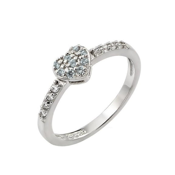 Rhodium Plated 925 Sterling Silver March Simulated Heart Ring Band Blue Cubic Zirconia Female Size 9