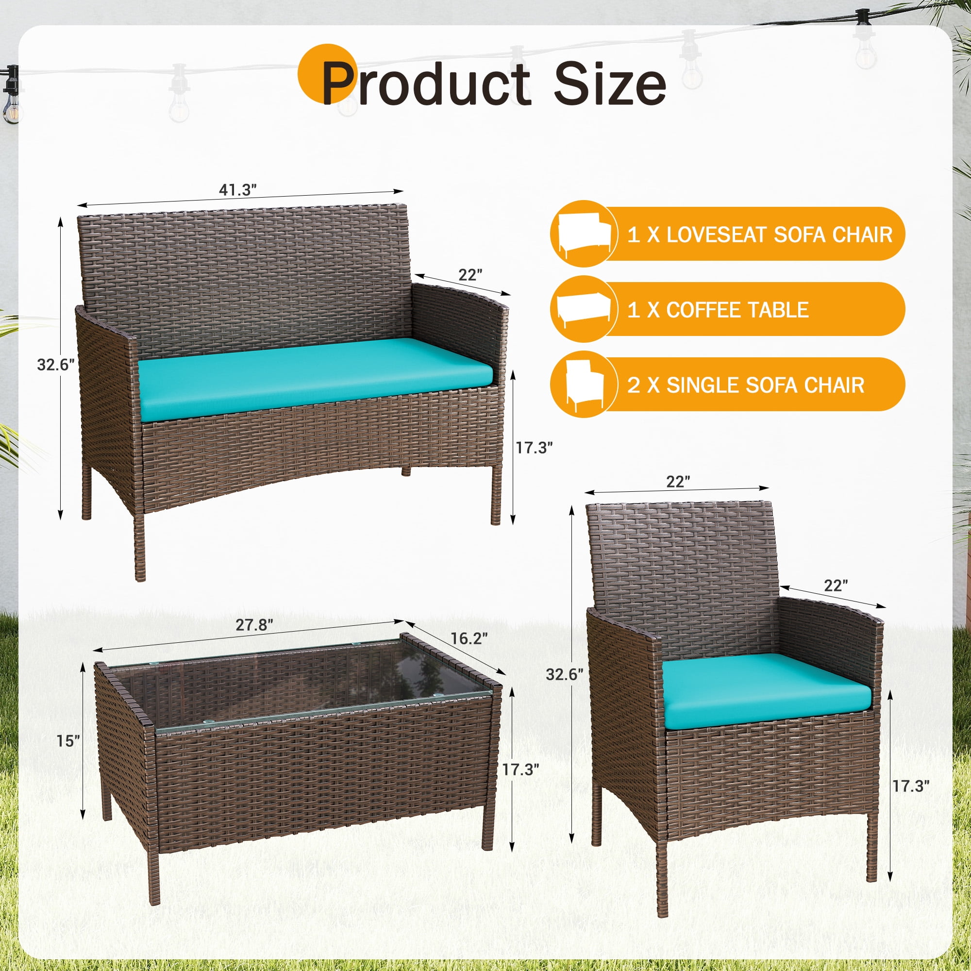 MRUAKA Patio Furniture Set 4 Pieces Porch Furniture Outdoor Modular Wicker Patio Sectional Conversation Furniture Set for Backyard,Porch,Garden,Poolside and Balcony(Turquoise)