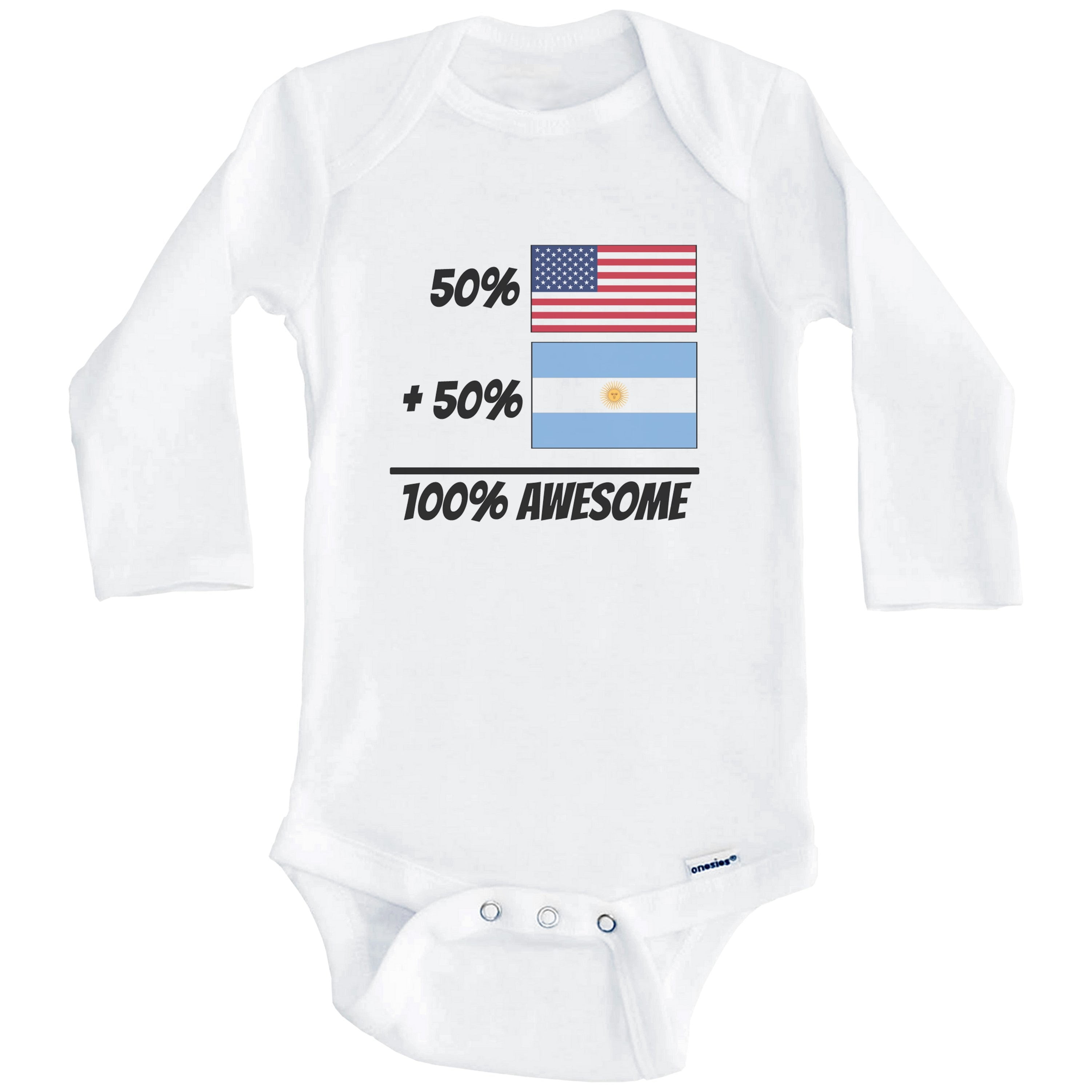 50% American Plus 50% Argentinian Equals 100% Awesome Cute Argentina Flag One Piece Baby Bodysuit (Long Sleeve), 3-6 Months White