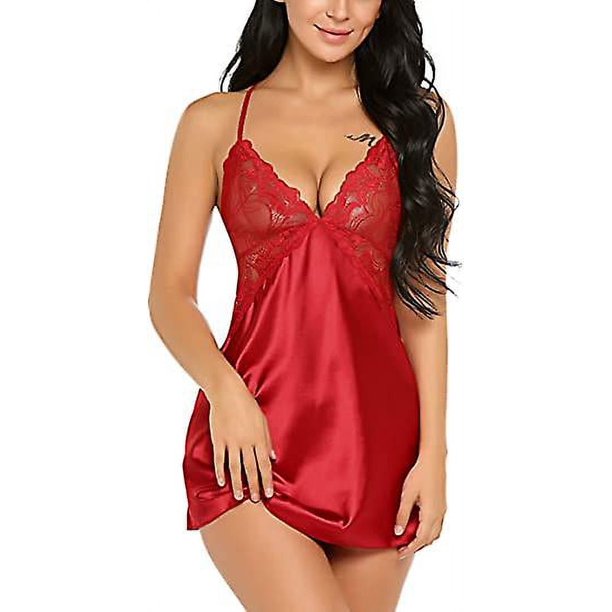 Lencería de mujer Cuello en V Ropa de dormir Satén Ropa de dormir Encaje Chemise Mini Teddy