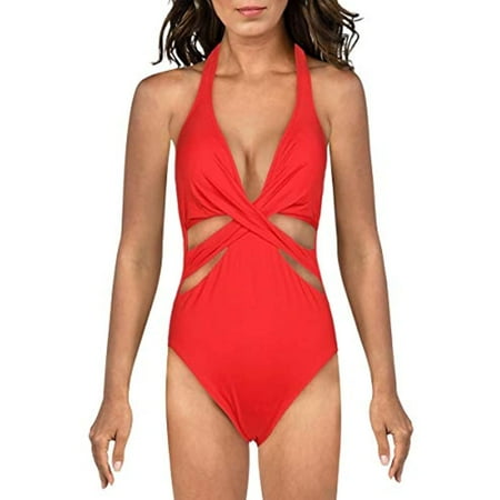 Kenneth Cole New York Women's Standard Halter Cutout Mio One Piece Swimsuit, Red, XS