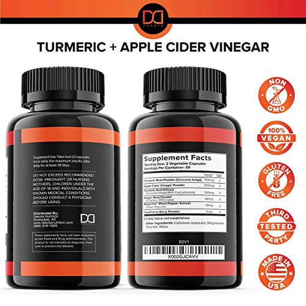 Turmeric Curcumin Capsules Bioperine 1650mg Supplements with Apple Cider Vinegar Black Pepper Ginger Extract, Tumeric Organic Powder Pills, Premium Joint & Healthy Inflammatory Support (2-Pack) - image 2 of 3