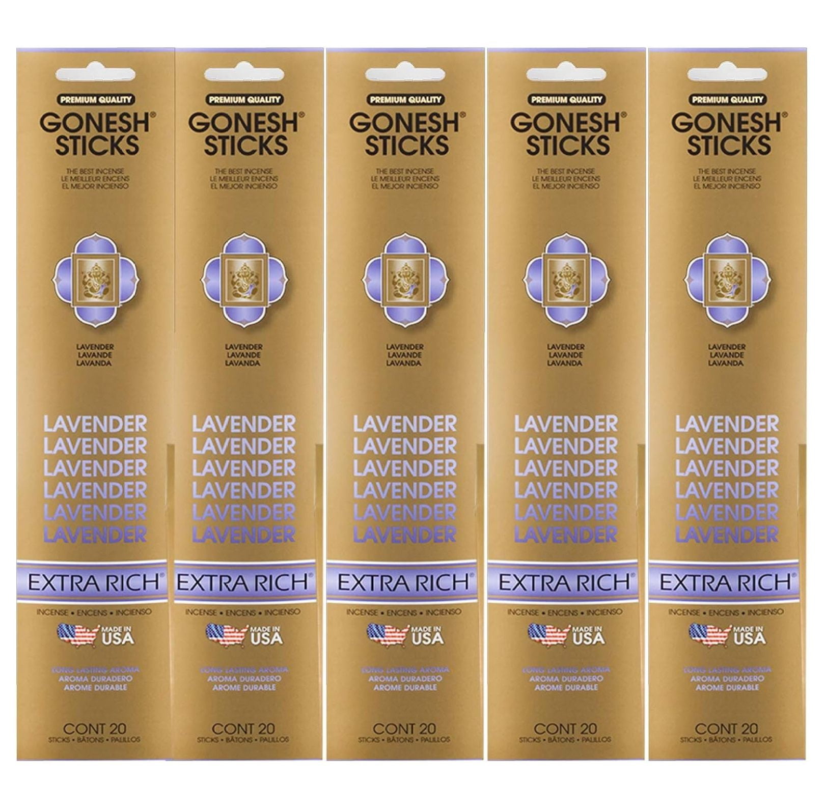 Gonesh Incense Sticks Extra Rich Collection - Lavender - 5 Packs (100 Total)