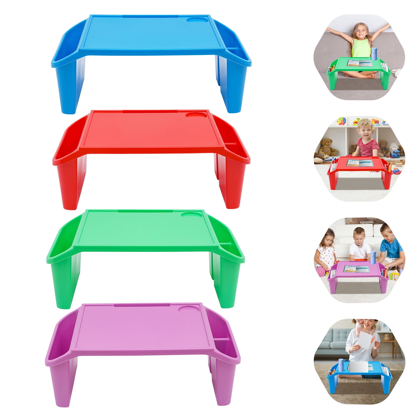 4 Pcs Kids Lap Desk Tray, Plastic Breakfast Laptop Trays, Portable Lap Bed Table w/Side Pockets (22" x 12" x 8")