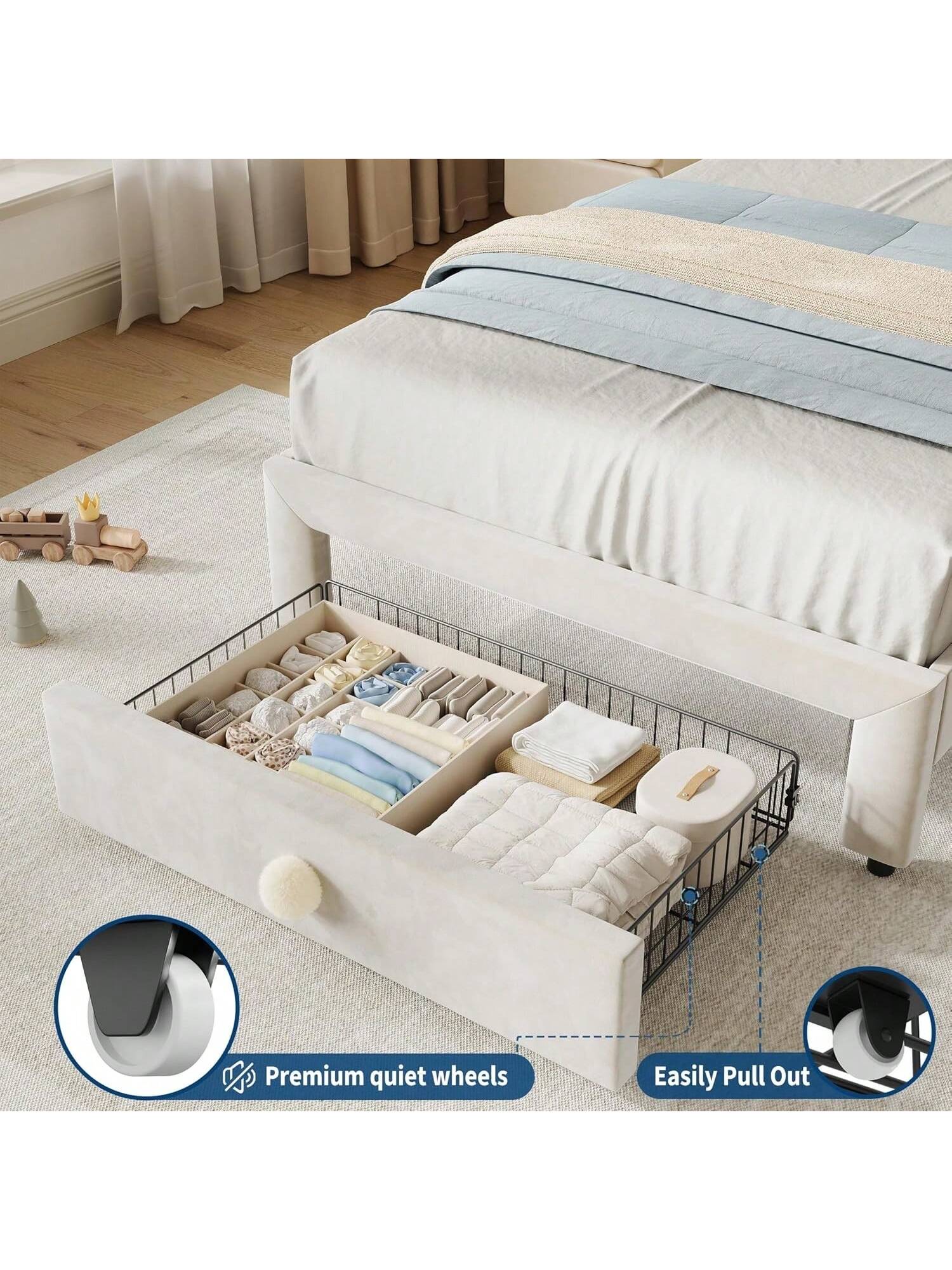 Twin Upholstered Bed Frame with Storage Drawer, Velvet Headboard, Princess Platform Bed, No Box Spring, White