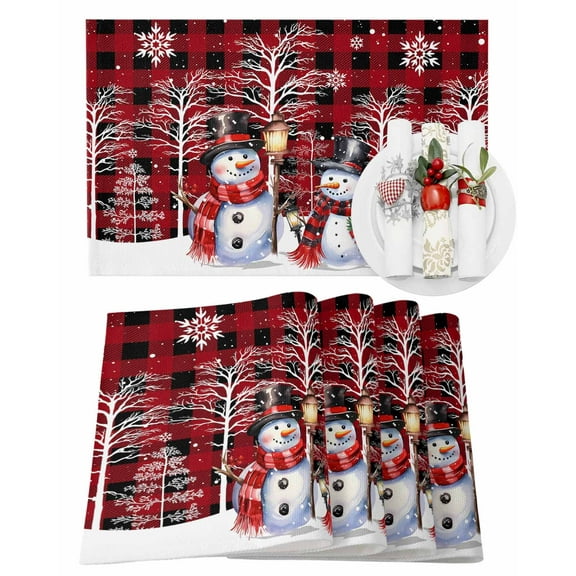 Red Plaid Placemats Set of 6 Christmas Hat Snowman Heat Insulation Washable Place Mats, Rustic Non-Slip Table Mats for Dining Table Party Kitchen Decor,13x19 Inch