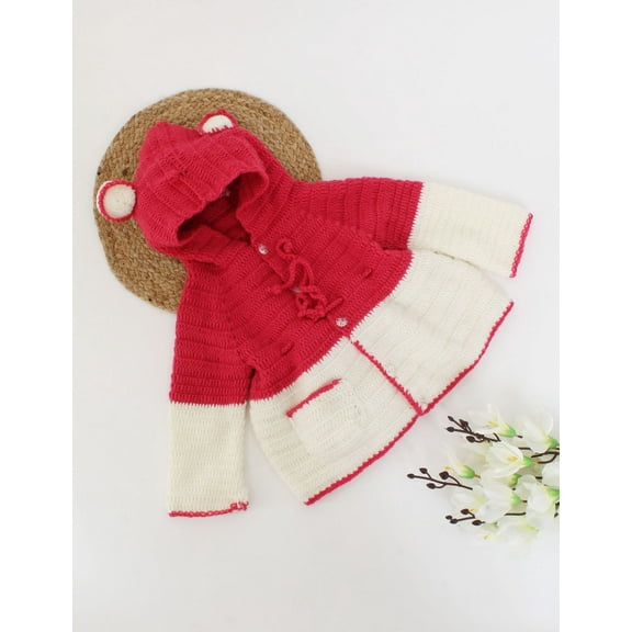 Woonie Handmade Full Sleeves Ear Design Hooded Sweater-Coral & Cream