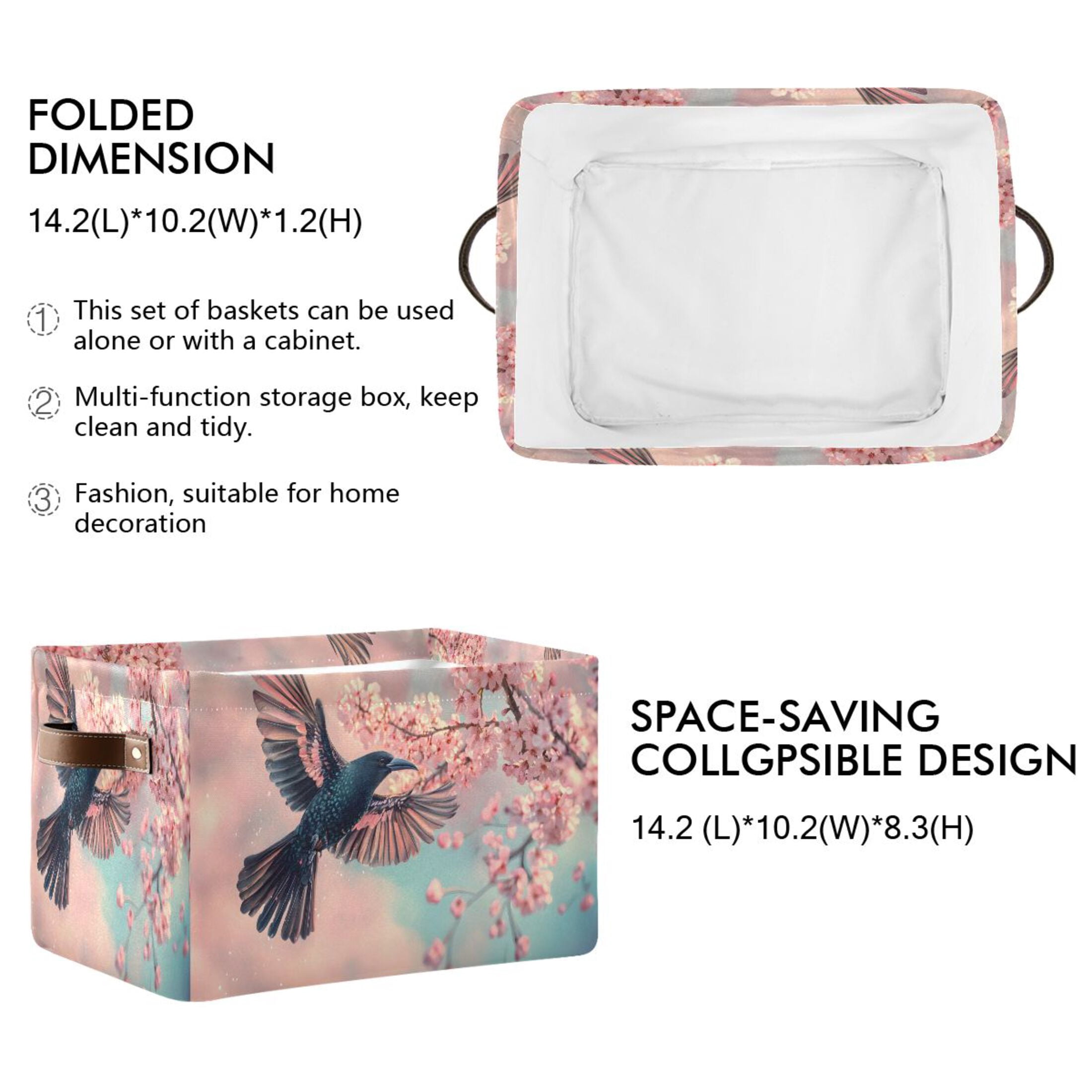Ryvnso Bird Cherry Blossom Storage Basket Large Bin Foldable Boxes Toys Organizer 14.2x10.2x8.3in 2 PCs