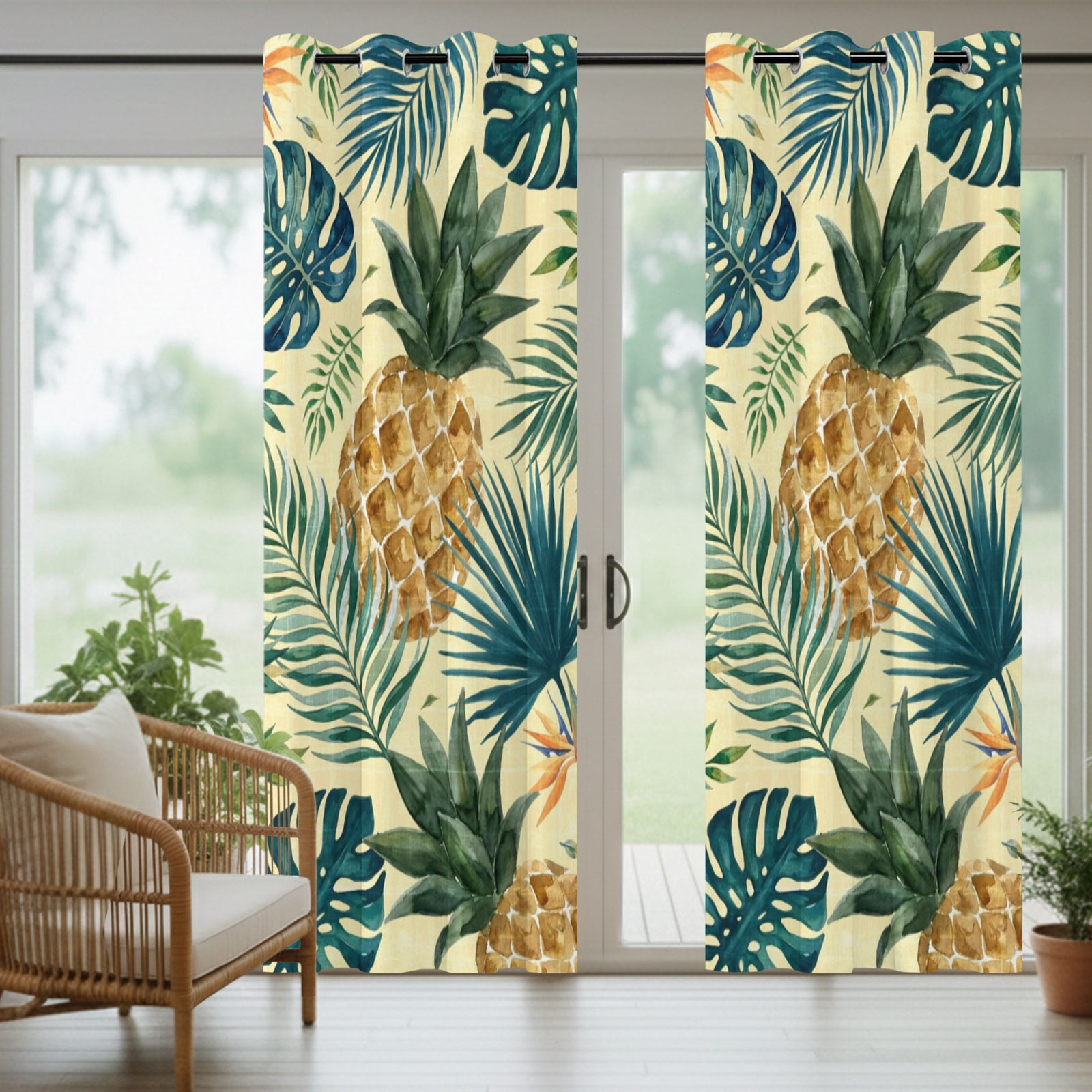 Yellow Pineapple Outdoor Curtains for Patio, Summer Palm Leaf Tropical Fruit Botanical Coastal Sunshade Privacy Drapes Grommet Waterproof Outside Curtains for Porch/Cabana/Balcony 54"x 108", 1 Panel