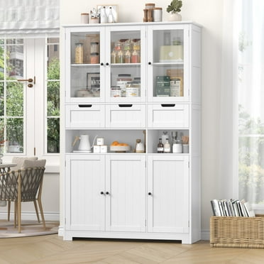Homfa 67'' Kitchen Pantry with 3 Removable Drawers, 6 Doors Wood Storage Cabinet with Adjustable Shelves, White