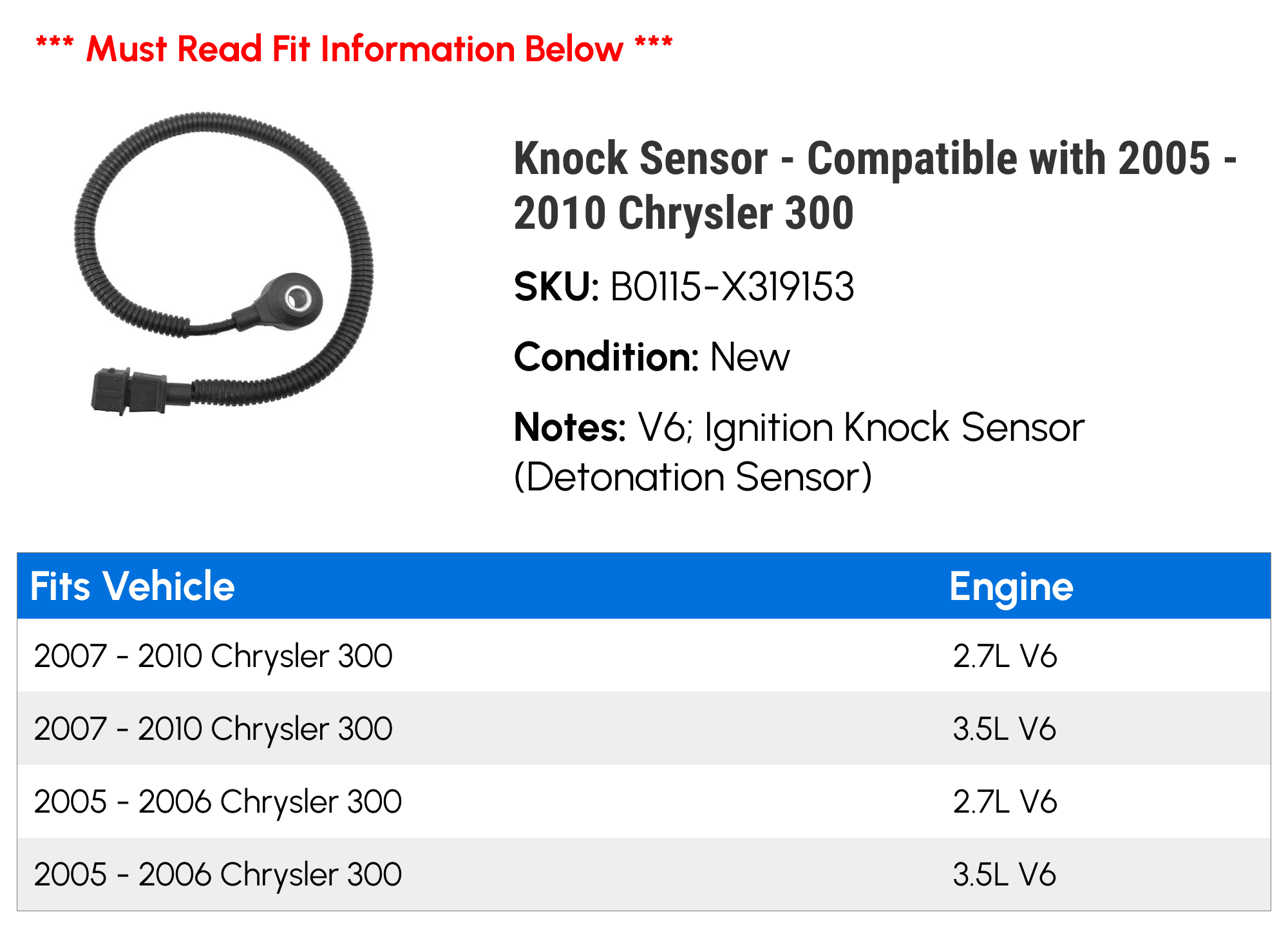 Knock Sensor - Compatible with 2005 - 2010 Chrysler 300 2006 2007 2008 2009