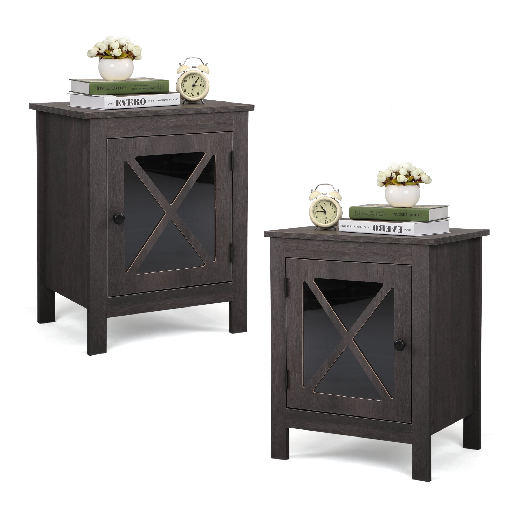 Private Jungle Set of 2 Vintage Wood Nightstand End Table Accent Cabinet W/Glass Door for Bedroom Office,Dark Gray Private Jungle Set of 2 Vintage Wood Nightstand End Table Accent Cabinet W/Glass Door for Bedroom Office,Dark Gray