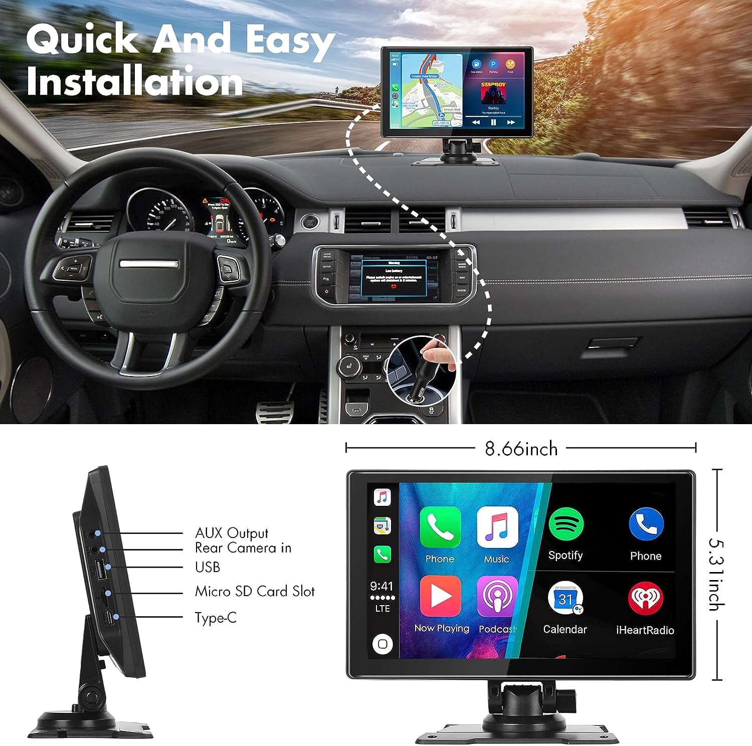Portable Car Stereo, Wireless Apple CarPlay&Android Auto, 9” FHD Touchscreen Car Audio Receiver, Bluetooth, Rear Camera, Voice Control, AUX/USB/TF