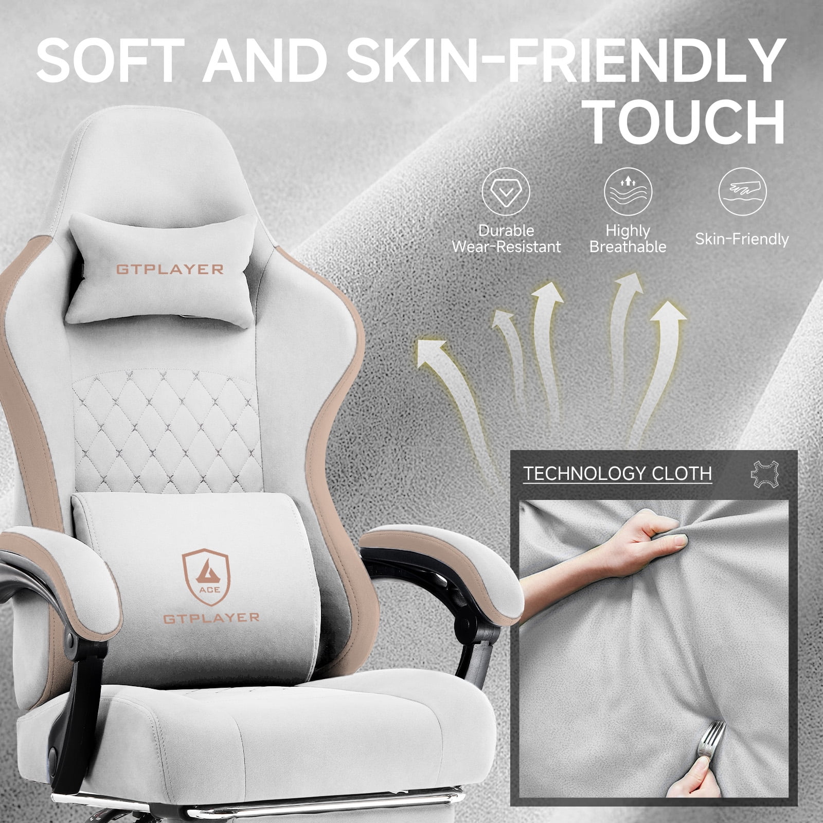 GTPLAYER Ergonomic High Back Pocket Spring Cushion Gaming Chair with Footrest & Linkage Armrests, Ivory