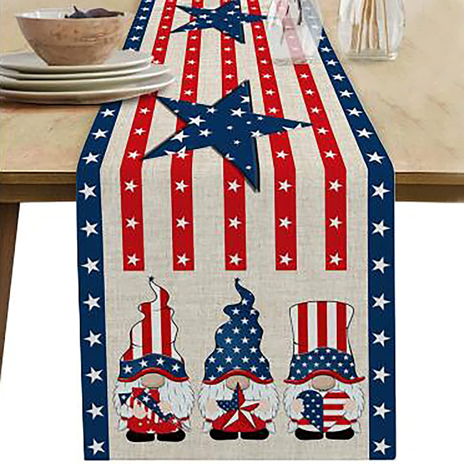 Linen Independence Day Table Runner Stripe and Star 4th of July Patriotic 