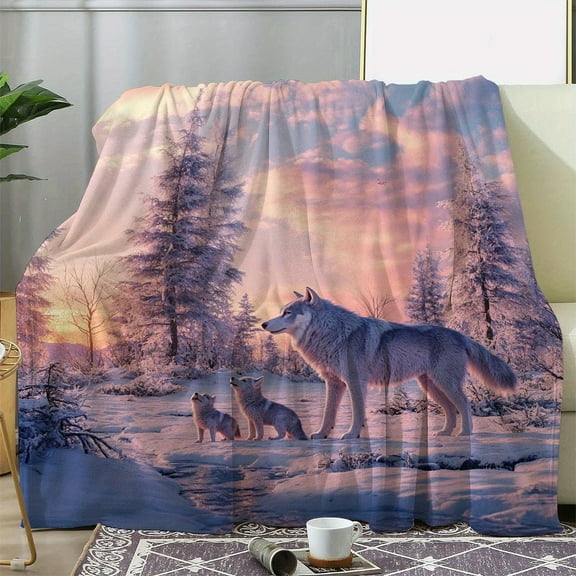 Vintage Style Winter Wolf Pack Print Flannel Throw Blanket, Soft Warm Comfortable Knitted All-Season Cozy Blanket for Sofa, Bed, Car, Office, Camping, Travel - Mixed Color, Digital Print, Polyester