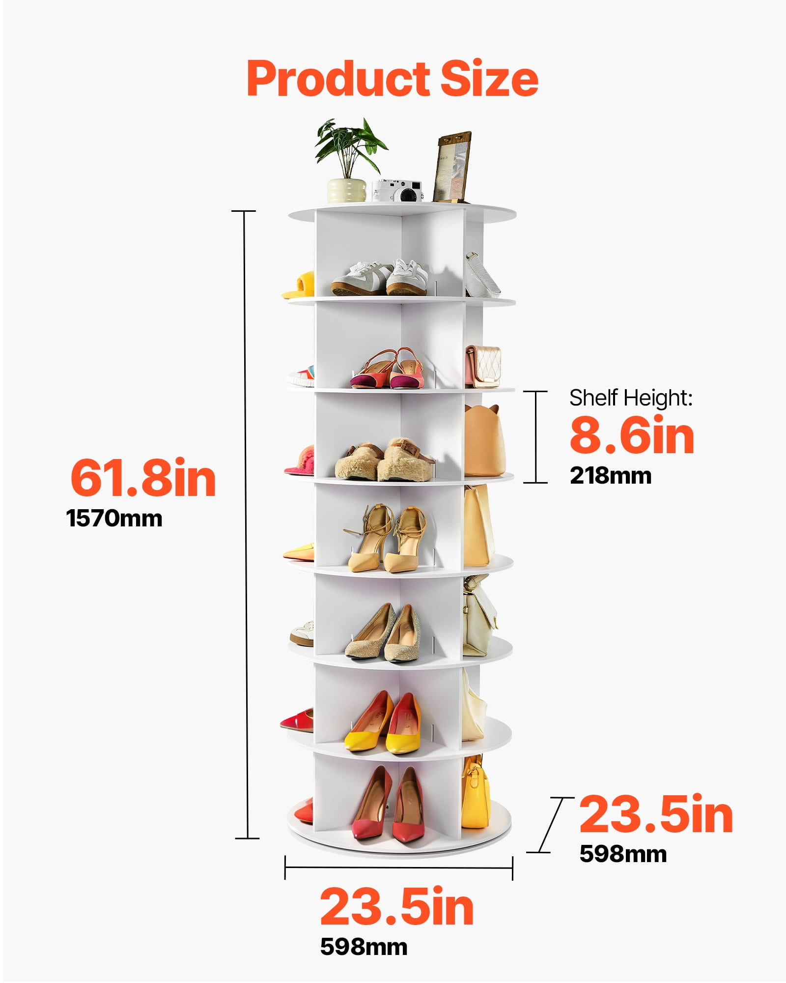 VEVOR 6 Tiers Rotating Shoe Rack Tower, 360° Spinning Shoe Rack, Revolving Storage Round Carousel Display, Freestanding Lazy Susan Organizer Display for Bedroom, Living Room, Entryway, Closet, White