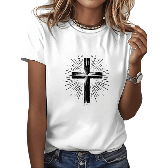 Women's "Cross With Sunburst" Graphic Cotton T Shirt Casual Comfortable Short Sleeve Round Neck White S-5XL