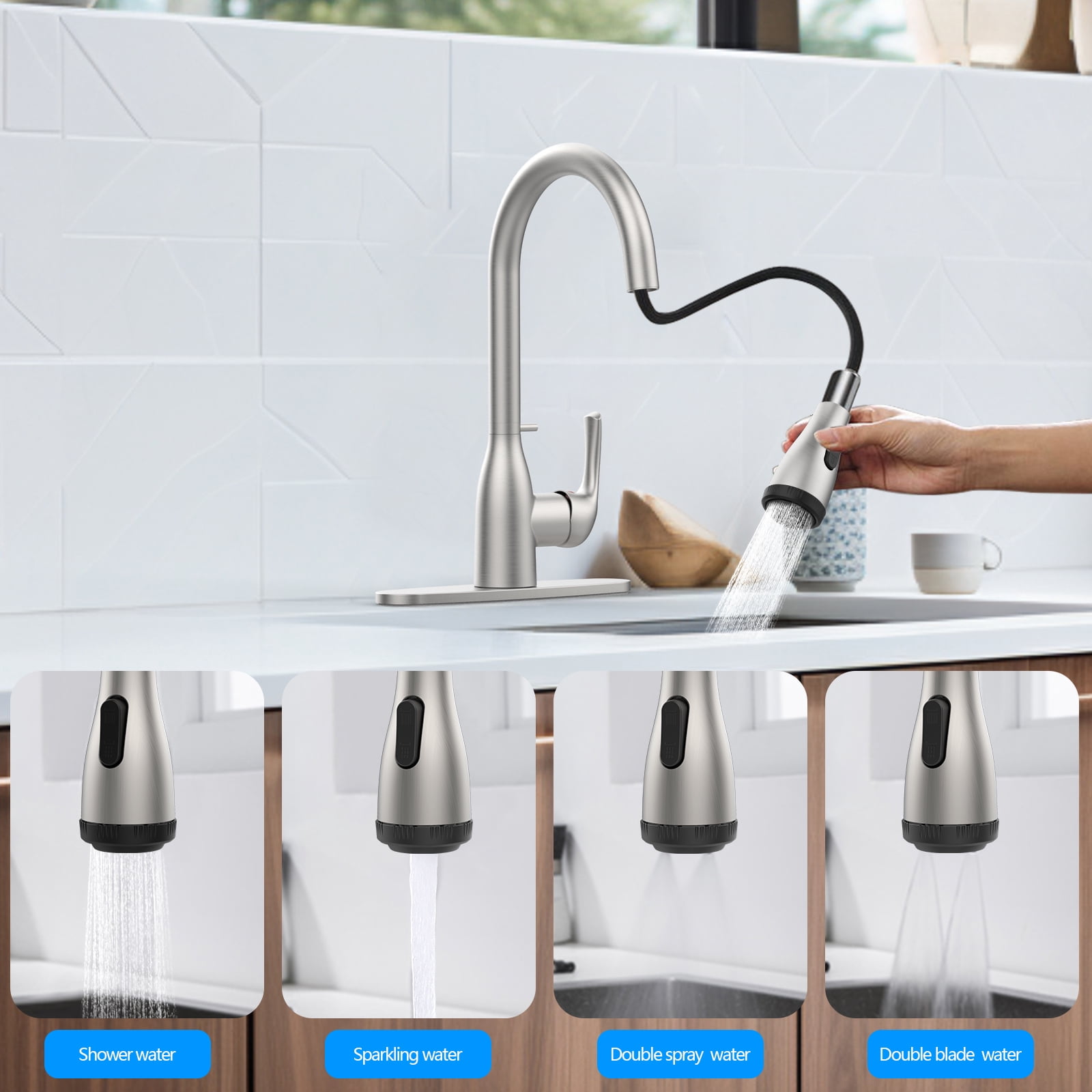 Kitchen Faucet with Pull Down Sprayer and 4 Spraying Modes Brushed Nickel Commercial 1 or 3 Hole Kitchen Faucets with Locking Buckle for Farmhouse Rv Bar Sinks