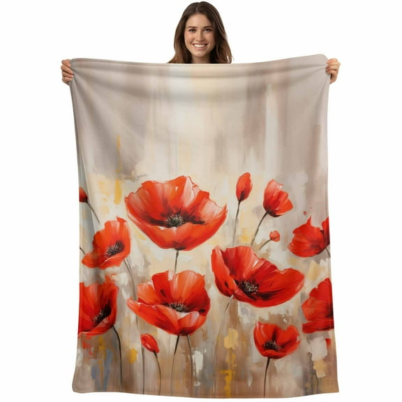 Red Spring Floral Flannel Throw Blanket for Couch,Lightweight Fleece Soft Cozy Bed Blankets for Boys Girls Adults Kids,Summer Botanical Watercolor Vintage Personalized Car Blanket 39 x 49 Inch