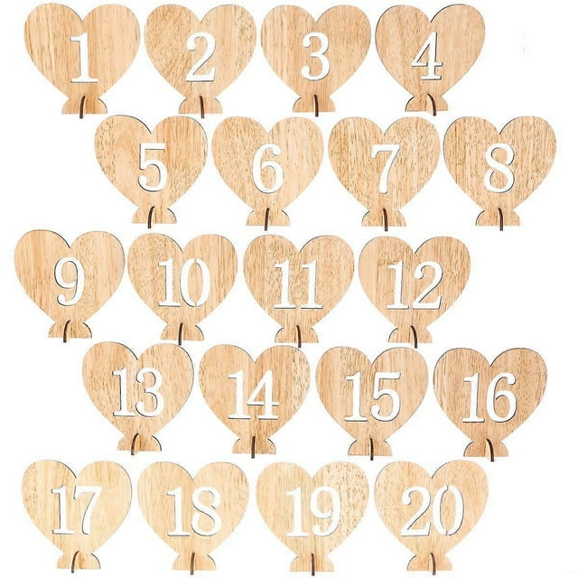 20pcs 1-20 Wooden Numbers with Holder Base Heart Shape Numbers for Wedding Decoration