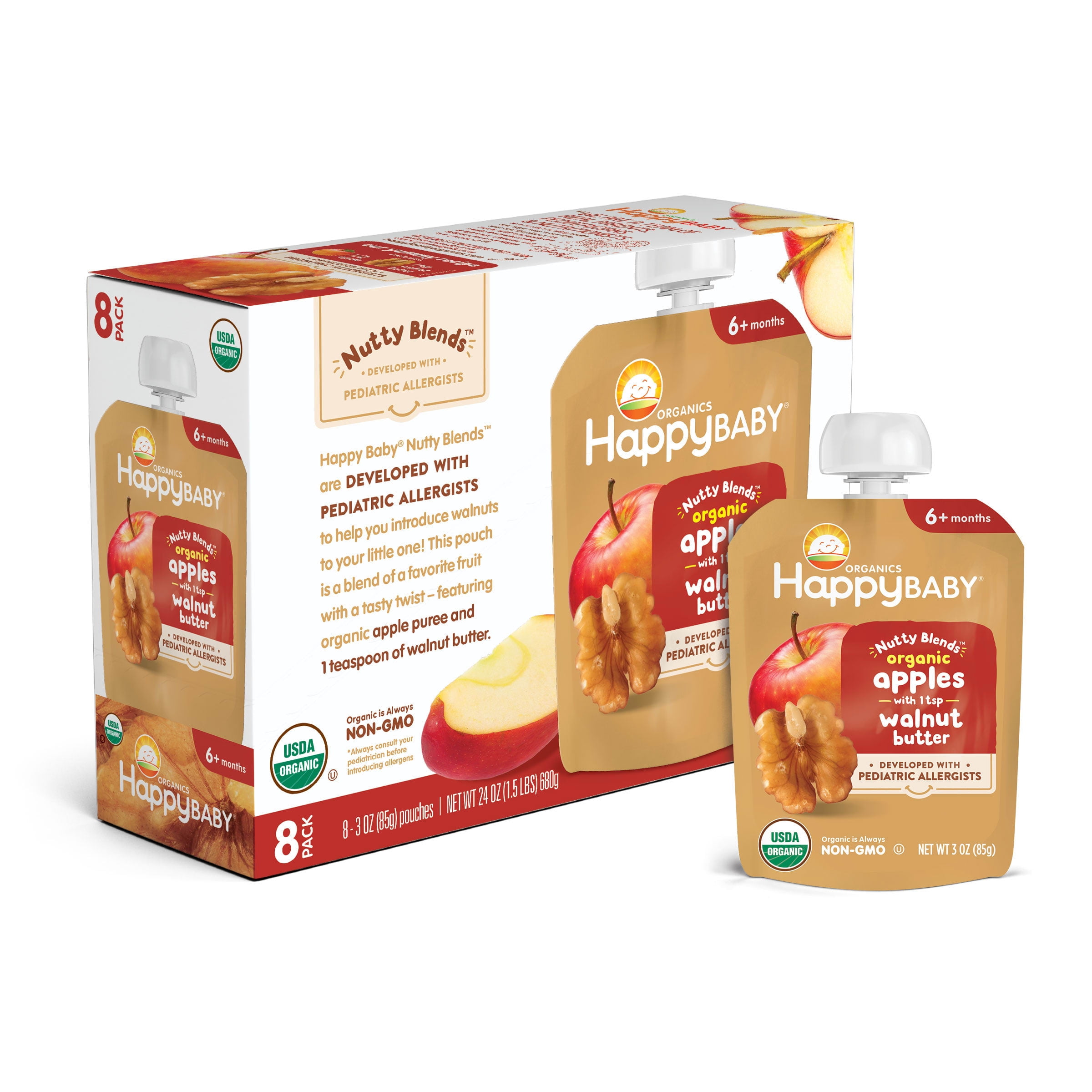 (8 Pouches) Happy Baby Organics Nutty Blends Organic Apples with Walnut Butters, 3oz
