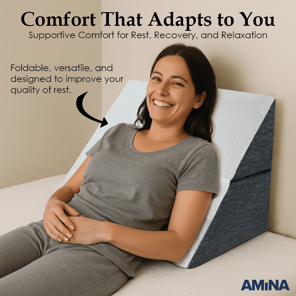 AMiNA Bed Wedge Pillow - for Sleeping, Gerd, Acid Reflux, Sleep Apnea, Post Surgery, Back Support, C-Section, Portable, Easy to Clean Washable Cover (Gray & White, 10 Inch)