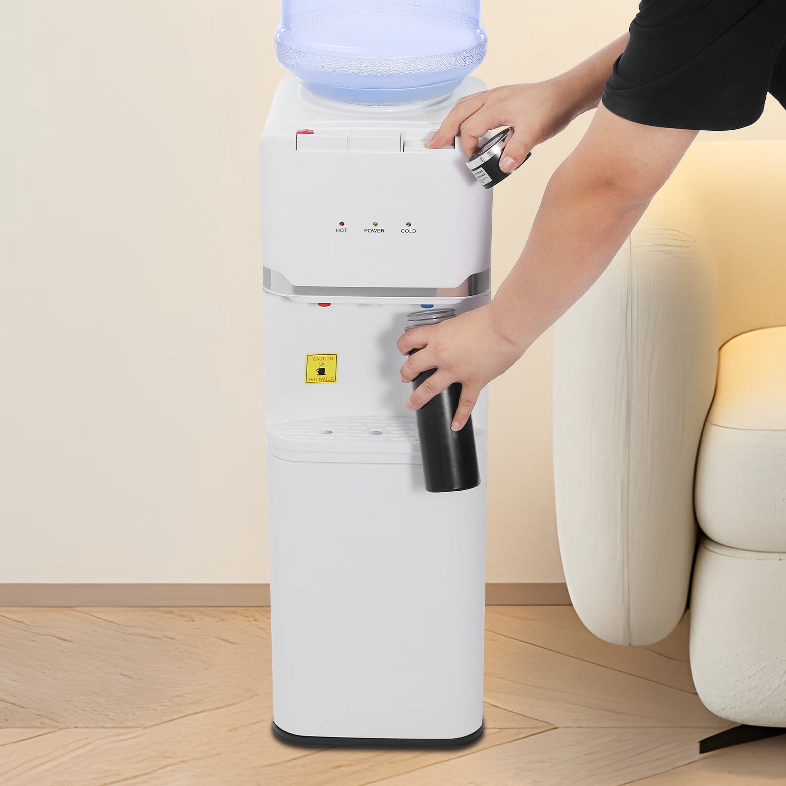 Aiqidi 550W Top Loading Water Dispenser 5 Gallon Vertical Cold and Hot Water Dispenser Home Office Dorm Anti-Scalding Design Water Dispenser with Storage Cabinet 32.68" High (White)