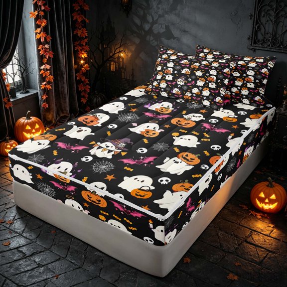 Homewish Halloween Cute Ghost Pumpkin Zipper Twin Comforter Sets with Fitted Sheet and 2 Pillowcases, Bat Skull Candy Zipper Bedding Set, Black Orange White, Pumpkin Bat Reversible