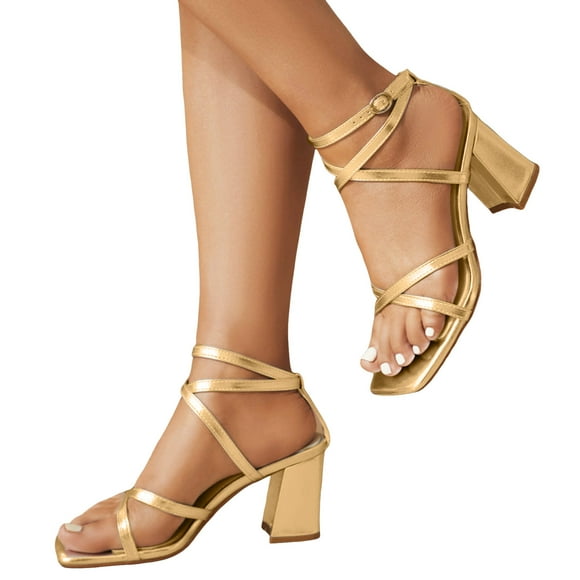 Womens High Heels Strappy Sandals Fashion Square Toe Chunky Heeled Dressy Pumps Shoes for Ladies Summer