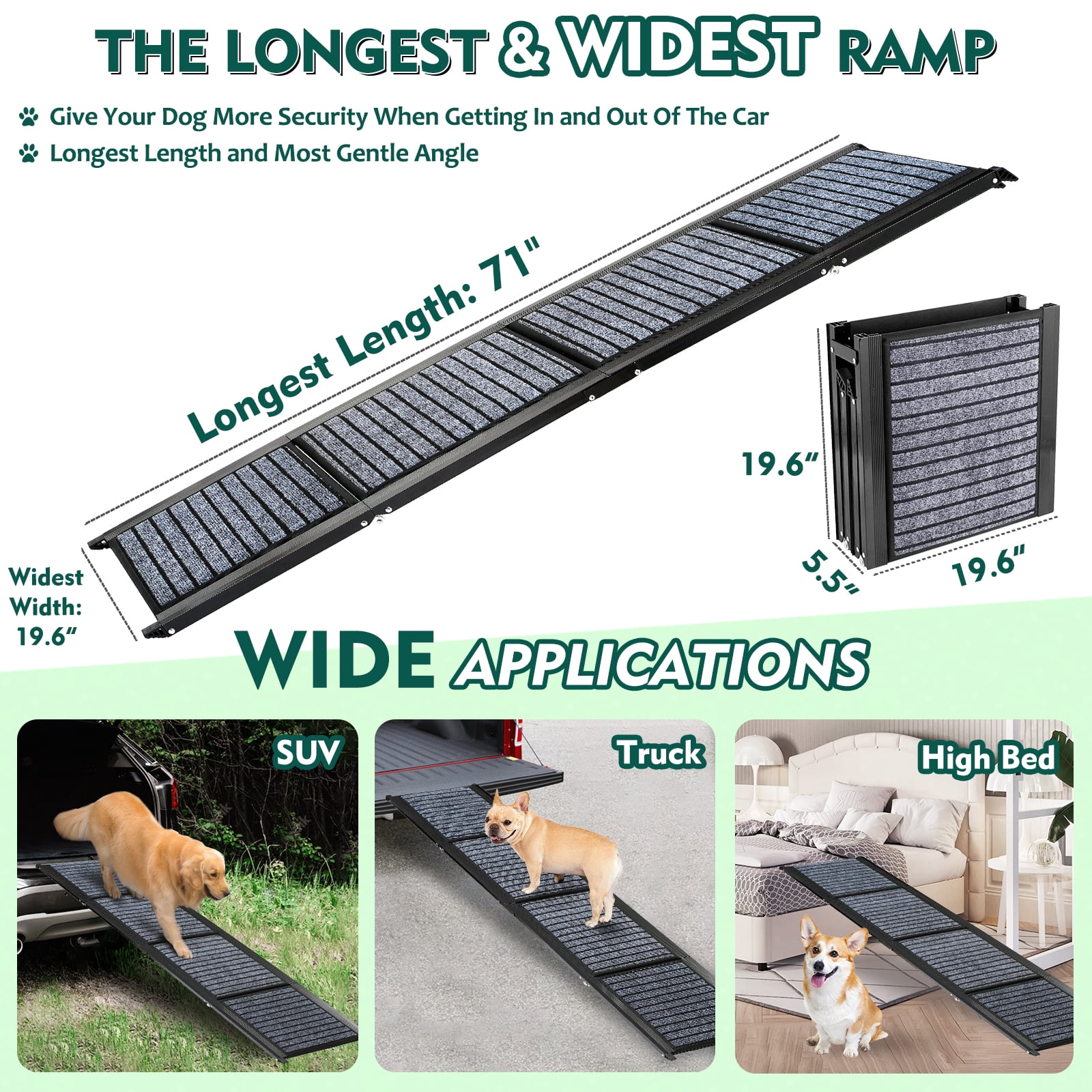 71" Foldable Dog Ramps for Large Dogs, Dog Car Ramp with Non-Slip Rug Surface, Pet Ramp Stairs Portable,Dog Steps for Medium & Large Dogs Up to 220 LBS Get Into a Car, SUV & Truck