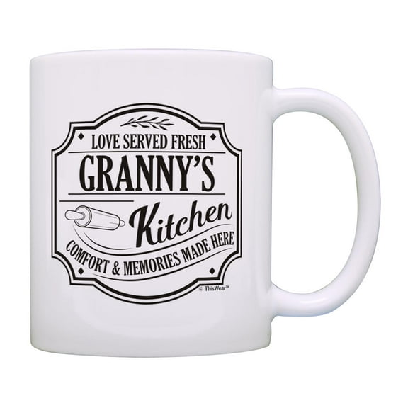 ThisWear Gifts for Granny Love Served Fresh Granny's Kitchen Comfort Memories Made Here Ceramic 11oz Coffee Mug Granny