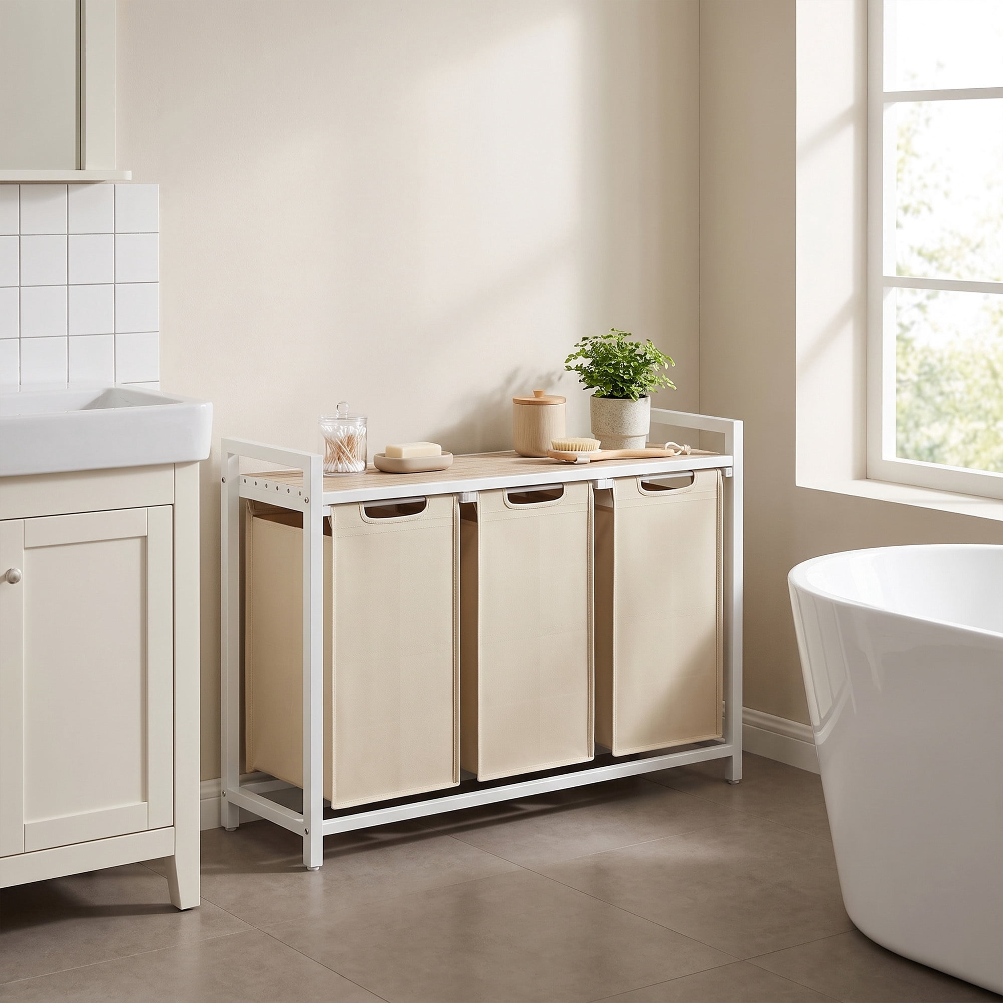 Ledrem 3-Bag Laundry Sorter Hamper with Pull-Out Bags and Shelf,Cappuccino Beige and Natural Beige