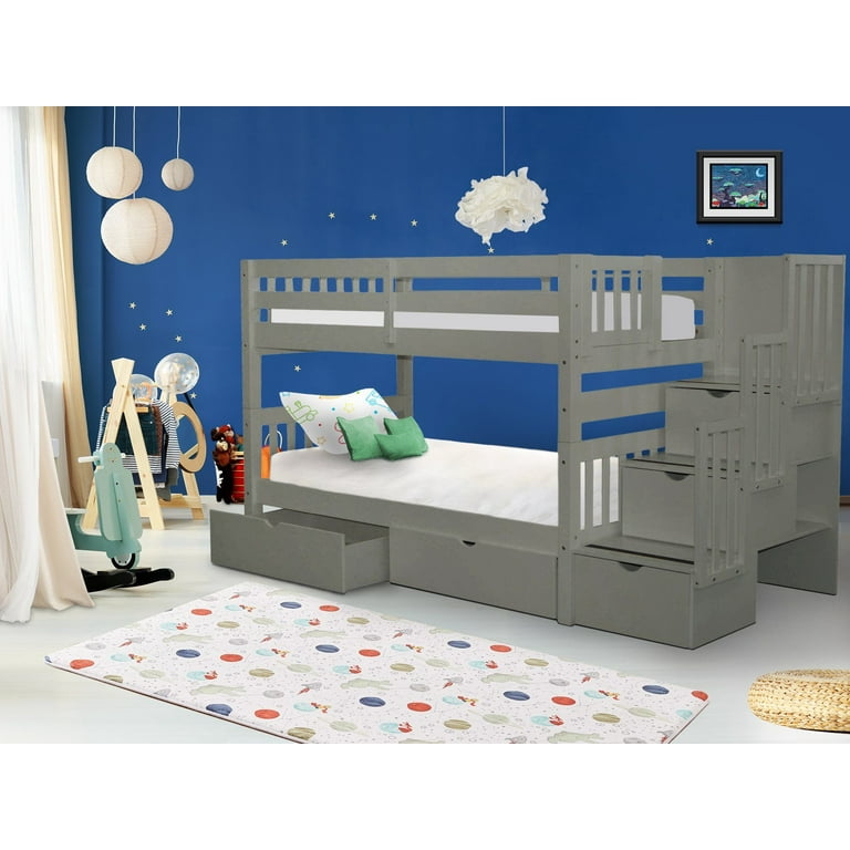 Bedz King Stairway Bunk Beds Twin over Twin with 3 Drawers in the Steps and 2 Under Bed Drawers Gray