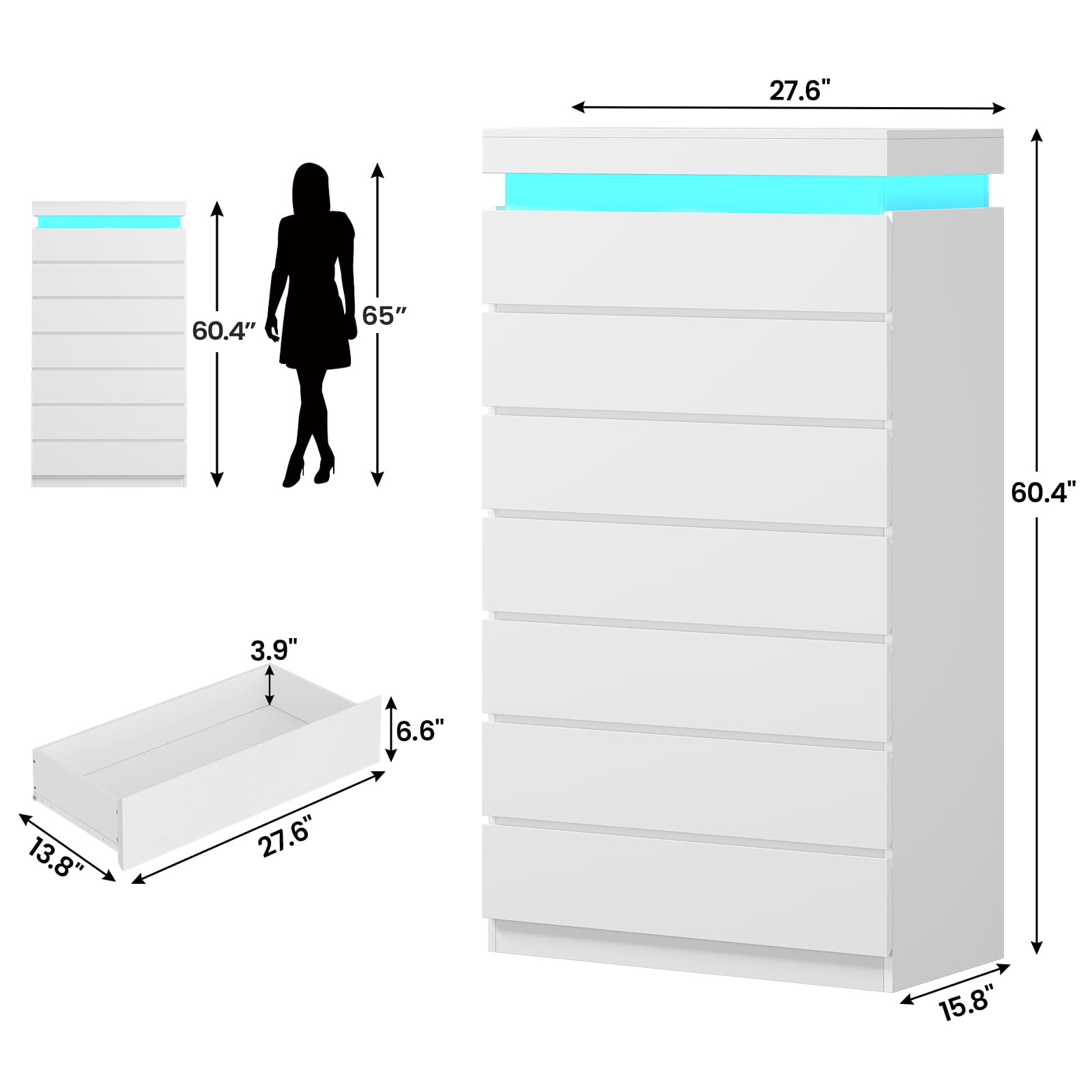 Afuhokles White Tall Dresser Wood 7 Drawer Dressers for Bedroom with LED Light, Wood Chest of Drawers Storage Cabinet.