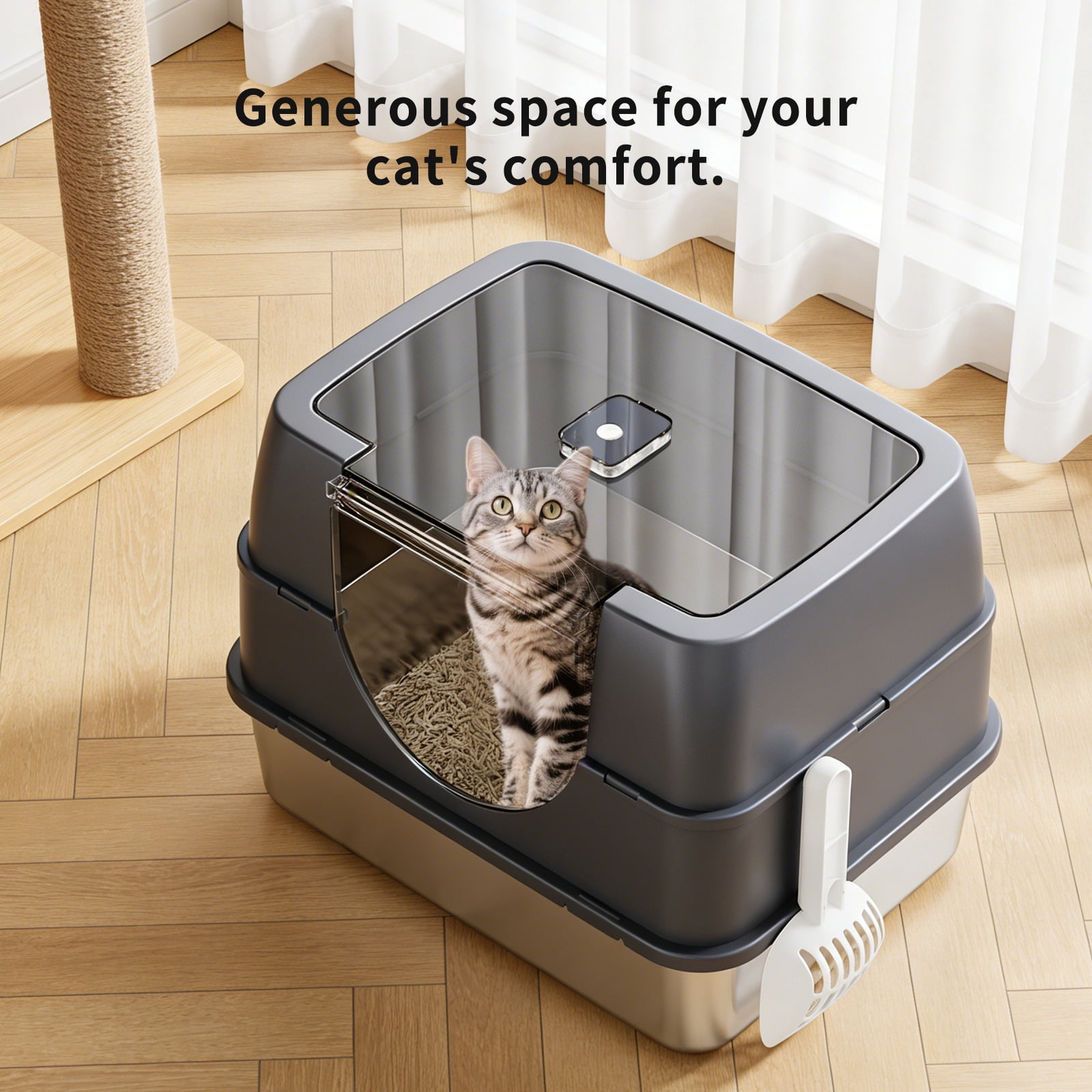 Enclosed Cat Litter Box with Scoop, Side Entry Cat Litterbox for Kitty & Multi-Cat, Anti-Leakage, Non-Sticky (Gray)