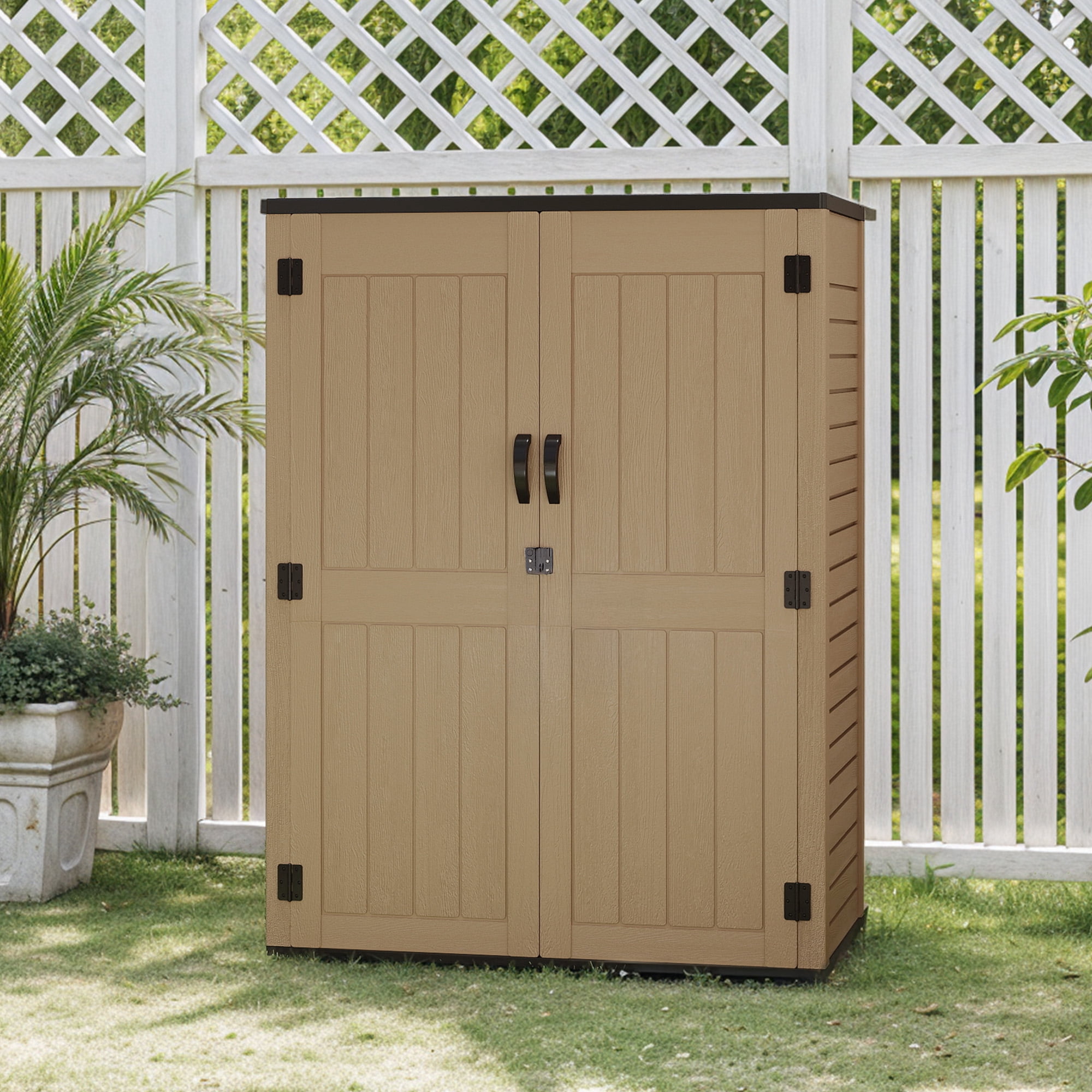 Uforic Outdoor Storage Shed, 59 Cu Ft Tool Shed Ideal for Garden, Garage & Patio, Lockable Door, Brown