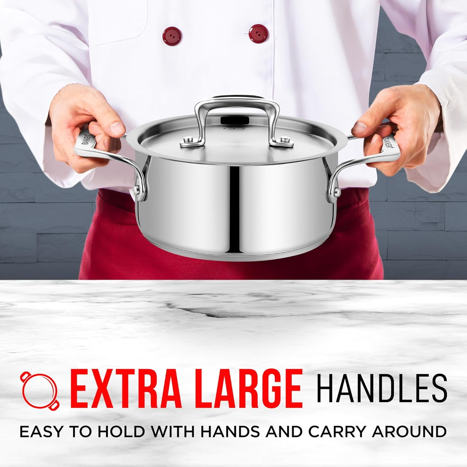 Bakken 2-Quart Stainless Steel Stockpot with Lid, Heavy-Duty 18/8 Steel, Riveted Handles, Oven & All-Stove Safe