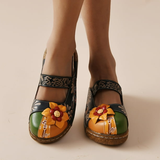 Sandalias de tacón plano con estampado de flores manuales para mujer, con bloques de colores personalizados Wmkox8yii nm793