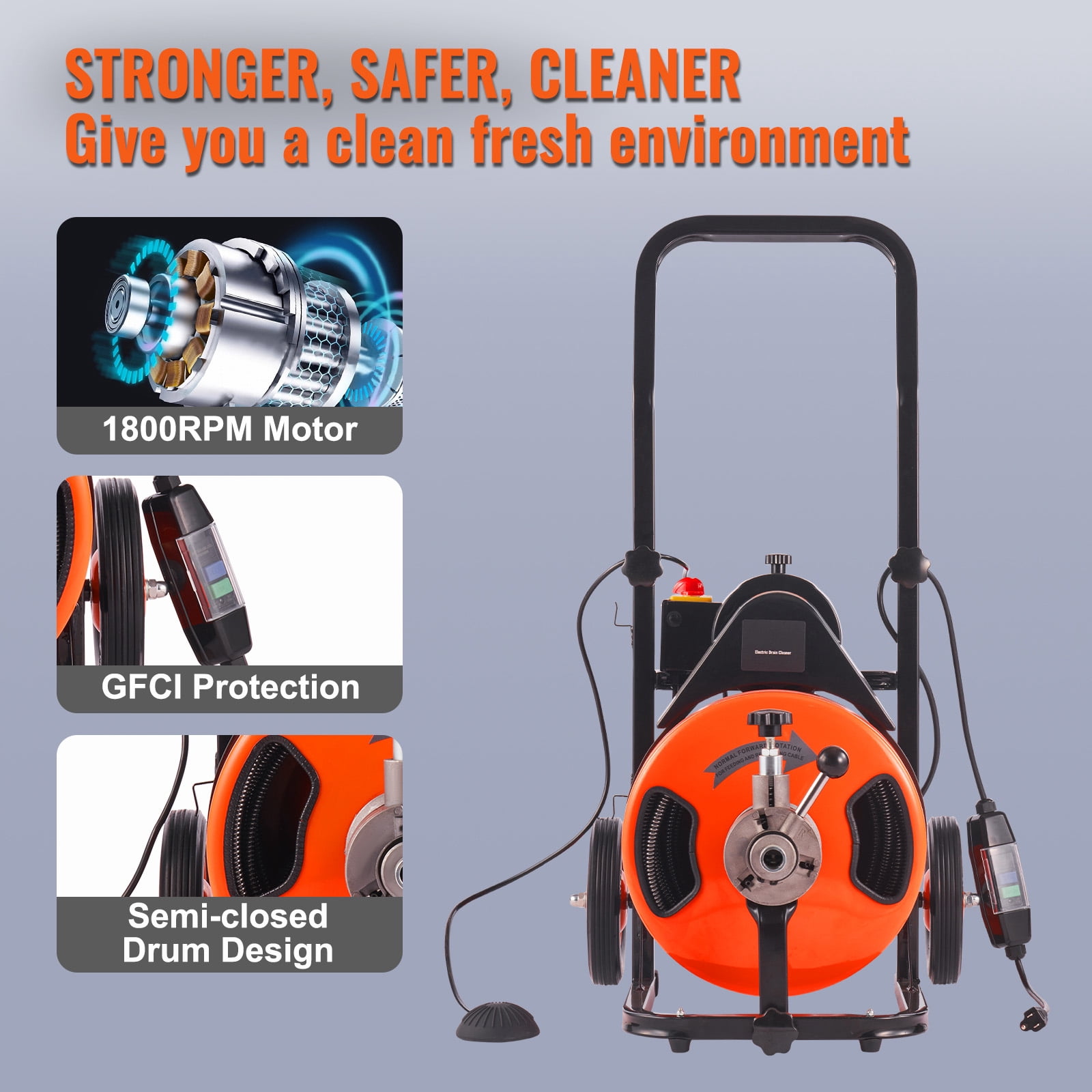BENTISM Drain Cleaner Machine 50ft x 1/2 in, Electric Drain Auger 1800 RPM Auto Feed Drain Cleaner Machine Commercial Sewer Snake Drill