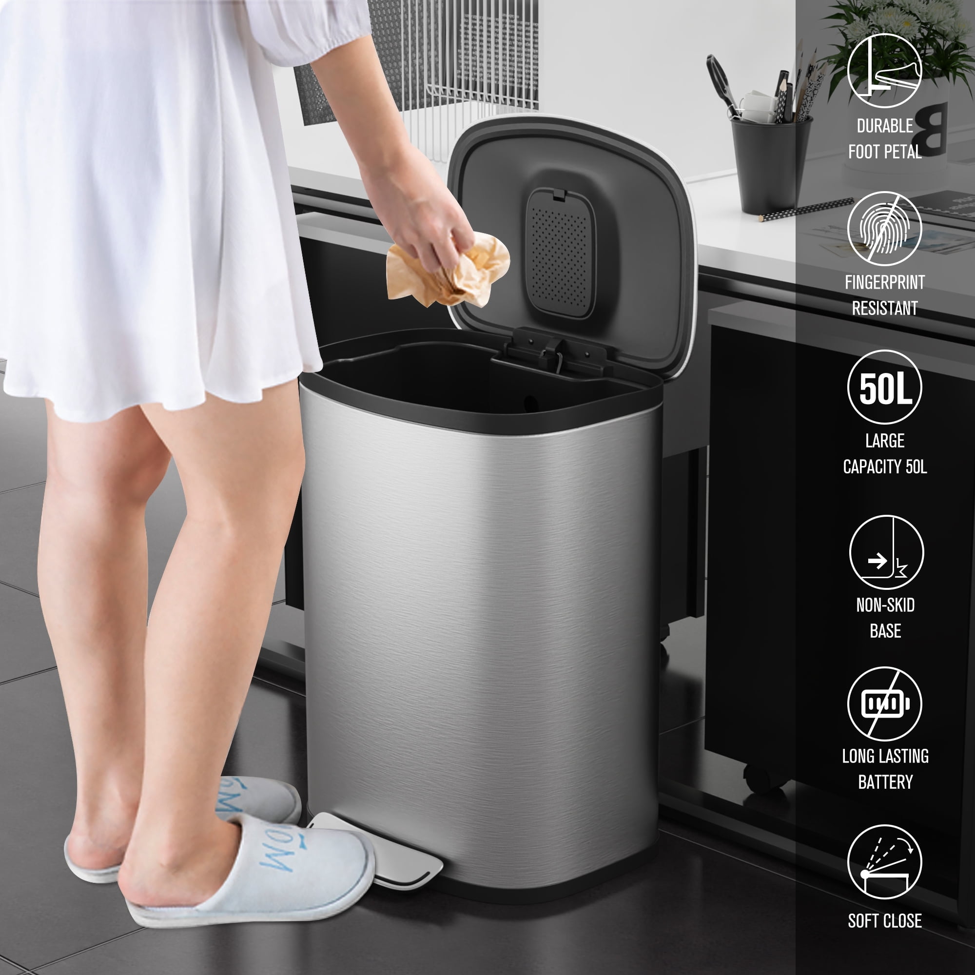 Miniyam 13 Gallon 50L Trash Can, Stainless Steel Foot Pedal Operated Soft Close Trash Can with 30 Garbage Bags for Kitchen, Office, Silver