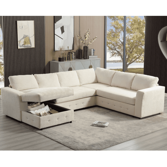Newboti 110.75" Sectional Sofa,Oversized modular sofa,Chaise Storage, Modern U Shaped Couch, Upholstered Sofas,Chenille,Crystal button, Living Room, Apartment, Beige 534078488773998