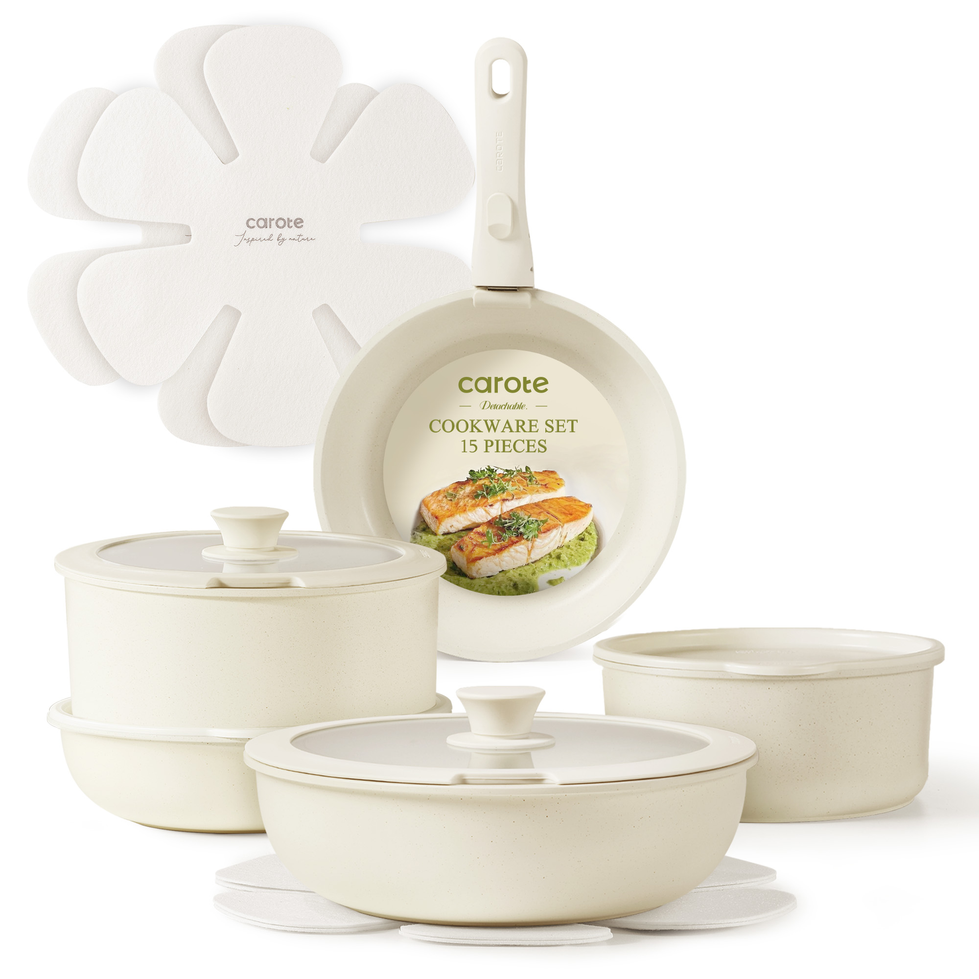 Carote 15 Pcs Non Stick Pots and Pans, Nonstick Cookware Set Detachable Handle, Induction Cookware