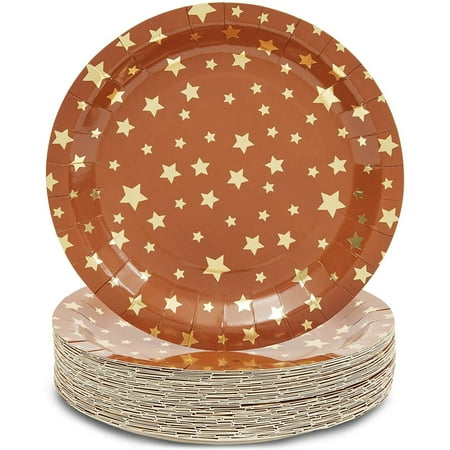 48-Pack Twinkle Little Star Party Supplies, Disposable Paper Dinner Plates for Baby Shower, Gender Reveal, Kids Birthday Decorations, Brown & Gold, 9"