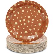48-Pack Twinkle Little Star Party Supplies, Disposable Paper Dinner Plates for Baby Shower, Gender Reveal, Kids Birthday Decorations, Brown & Gold, 9"