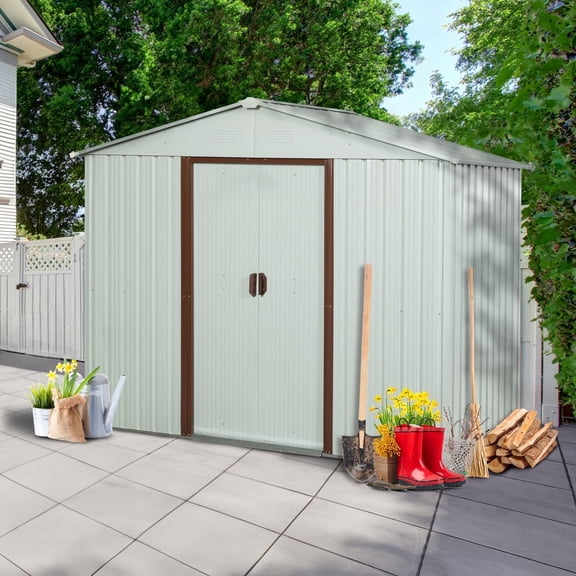 CarButler 8x4ft Metal Outdoor Storage Shed with Lockable Sliding Doors for Garden Backyard Patio Lawn White