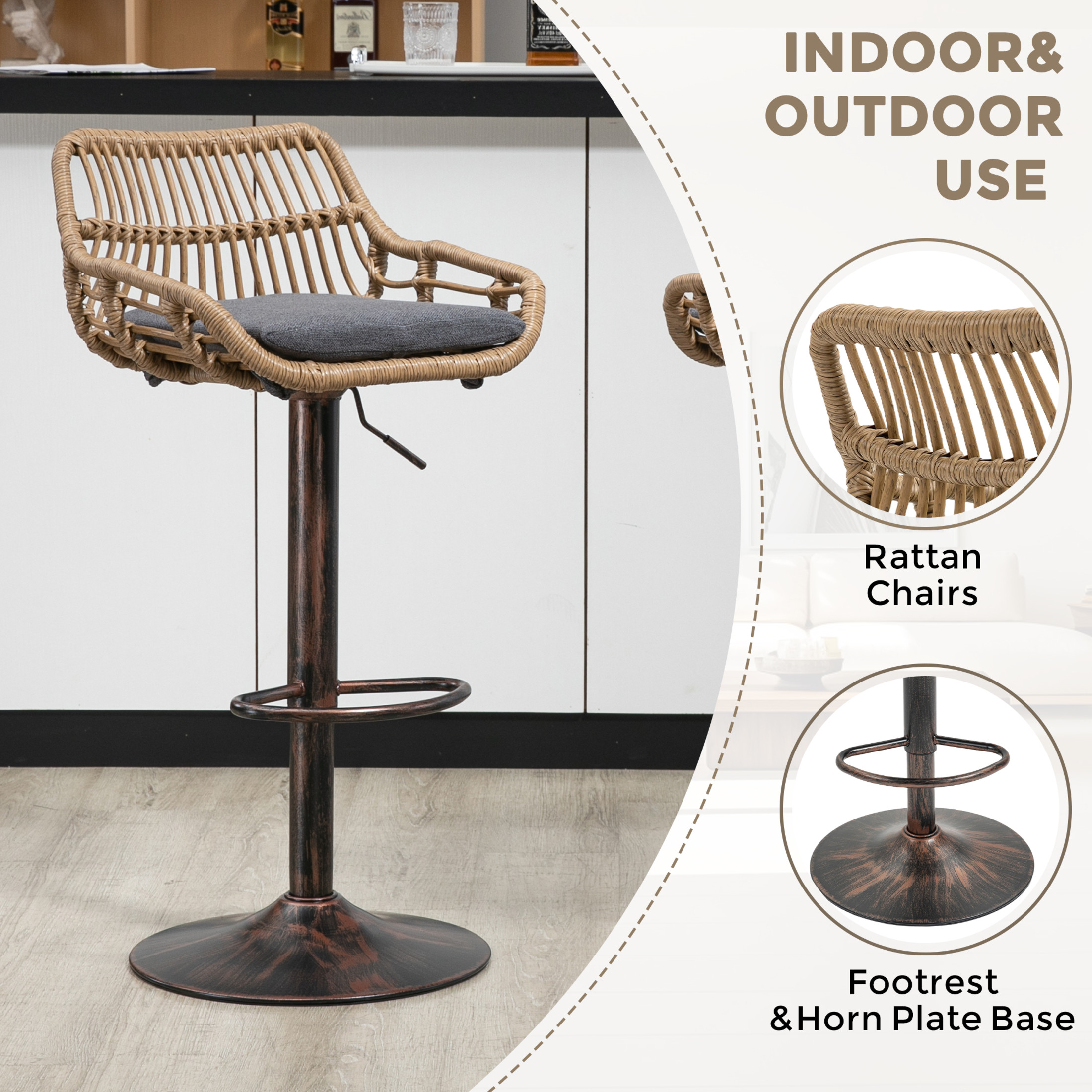 Noble House Swivel Bar Stools Set of 2, Adjustable Linen Counter Height Chairs with Footrest, Gray