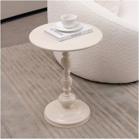 Cream White Vintage Metal Round End Table, Retro Accent Table for Living Room, Sofa Side Table, Bedroom Nightstand